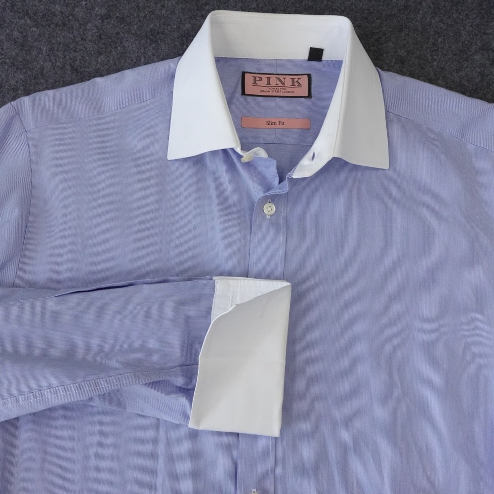Thomas Pink Slim Fit Blue Micro Stripe Contrast Collar Dress Shirt 15.5 39cm